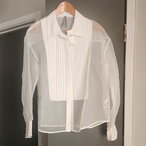 Anthropologie Sheer White Blouse Tuxedo Style